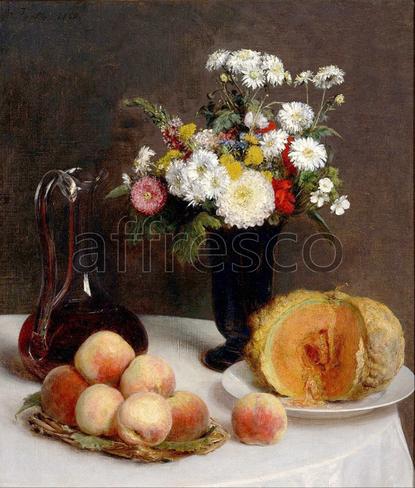 Картина: Henri Fantin Latour, Still Life with a Carafe Flowers and Fruit