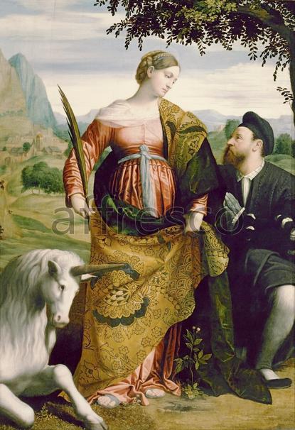 Картина: Моретто да Брешиа, Святая Юстина с единорогом